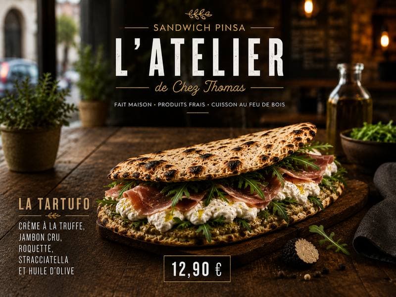 Pizza La Tartufo Crème à la truffe Jambon cru Roquette - Pizzeria Chez Thomas Hazebrouck