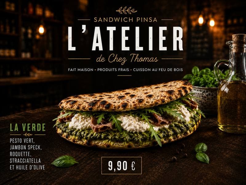 Pizza La Verde Pesto vert Jambon speck Roquette - Pizzeria Chez Thomas Hazebrouck