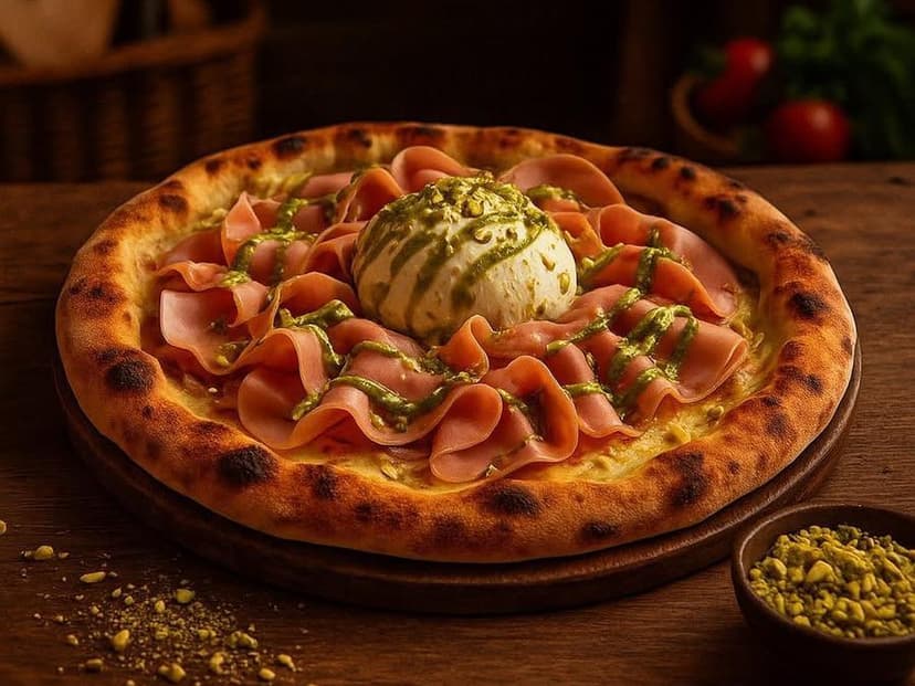 Pizza Pistacchio Burrata Crème Mozzarella Burrata fondante - Pizzeria Chez Thomas Hazebrouck